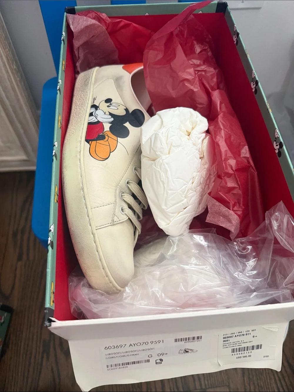 Gucci White Mickey Mouse Sneakers with Red Heel Accent
